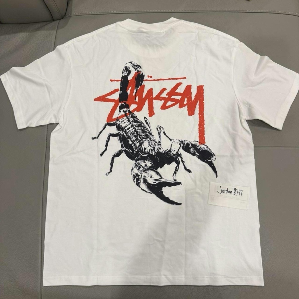 Stussy White Tee with Scorpion and Red Logo